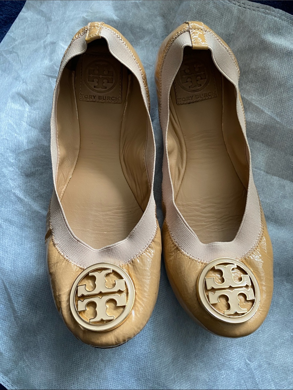 Tory Burch Caramel Patent Logo Ballet Flats